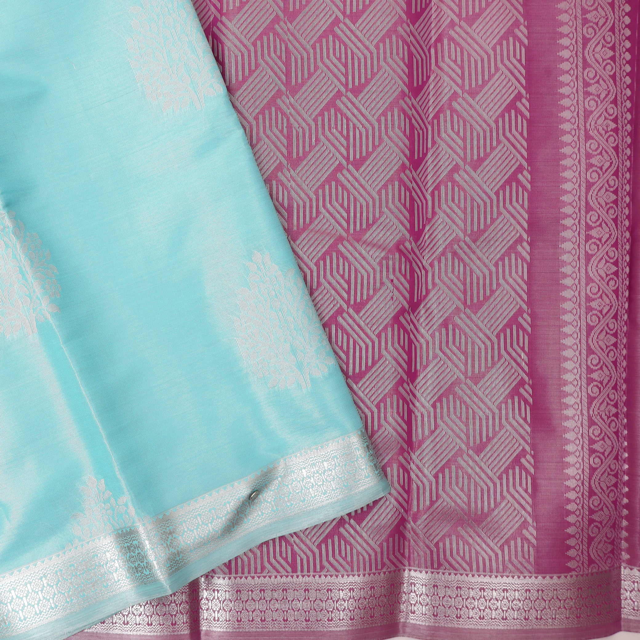 Couple Combo Tissue Silk Set – Men’s Shirt & Dhoti with Matching Women’s Saree With Aqua Blue With Silver Zari Border