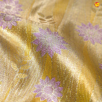 Tissue Golden Yellow With Lavender Floral Motifs Gold Zari Border Pure Kanjivaram Subhalaya Wedding Silk Saree - Thenianantham