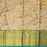 Golden Tissue With Peacock Green Floral Motifs Gold Zari Border Pure Kanjivaram Subhalaya Wedding Silk Saree - Thenianantham