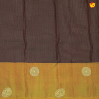 Dark Maroon With Mustard Motifs Gold Zari Checked Pure Kanjivaram Subhalaya Soft Silk Saree - Thenianantham