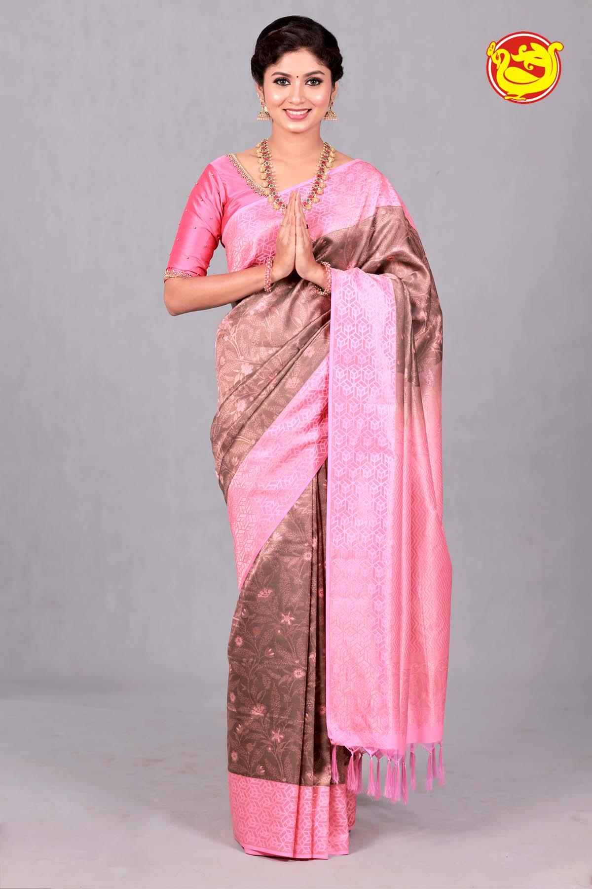 Brown Wedding Silk Saree With Pink Pallu