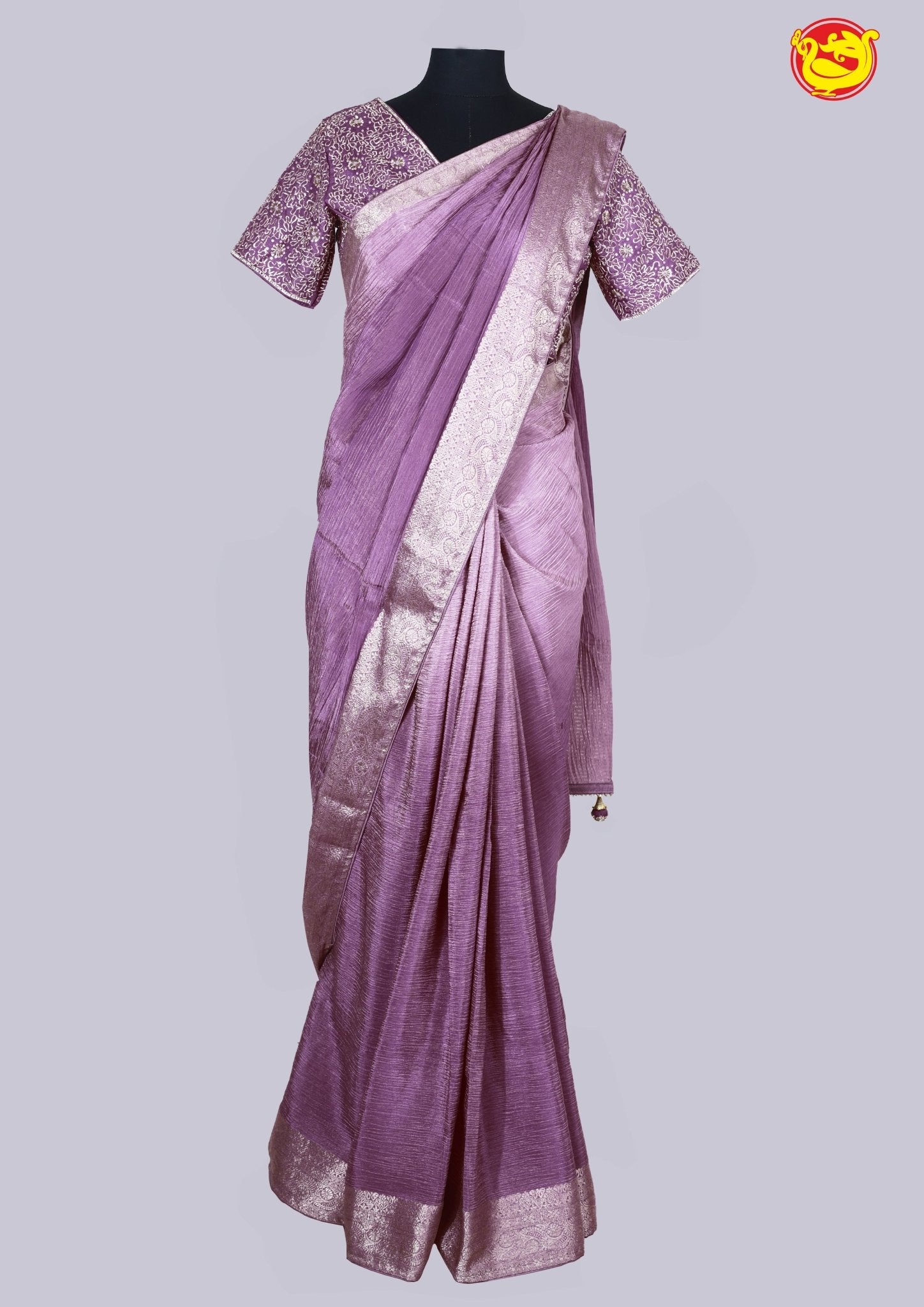 Lavender Stripes Design Tissue Crush Designer Saree with Readymade Designer HandWork Blouse