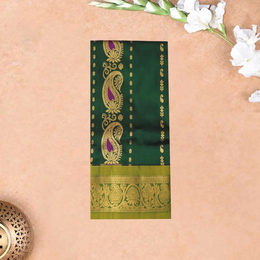 Green With Sage Green Border Floral Design Traditional  Pattu Pavadai Material