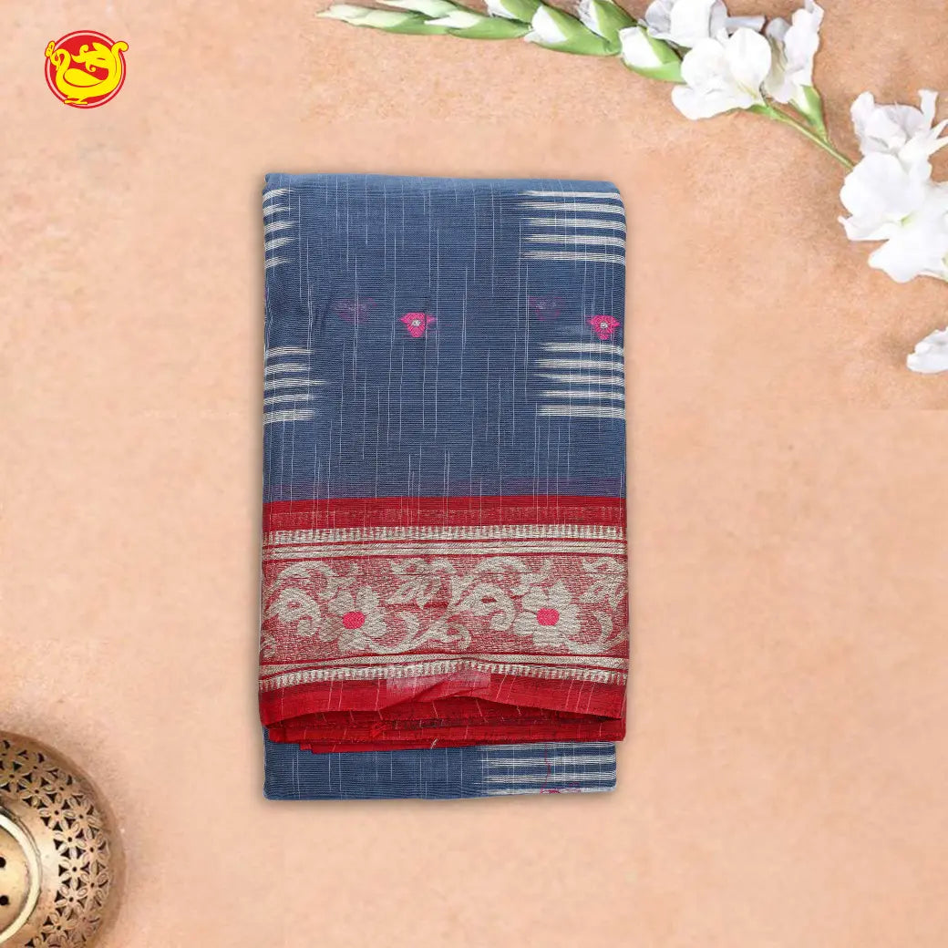 Gray & Blue with Red Pure Bengal Cotton Saree without Blouse