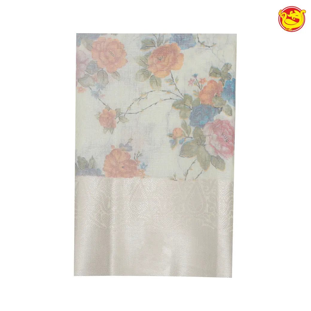 Half white linen tissue saree with digital prints