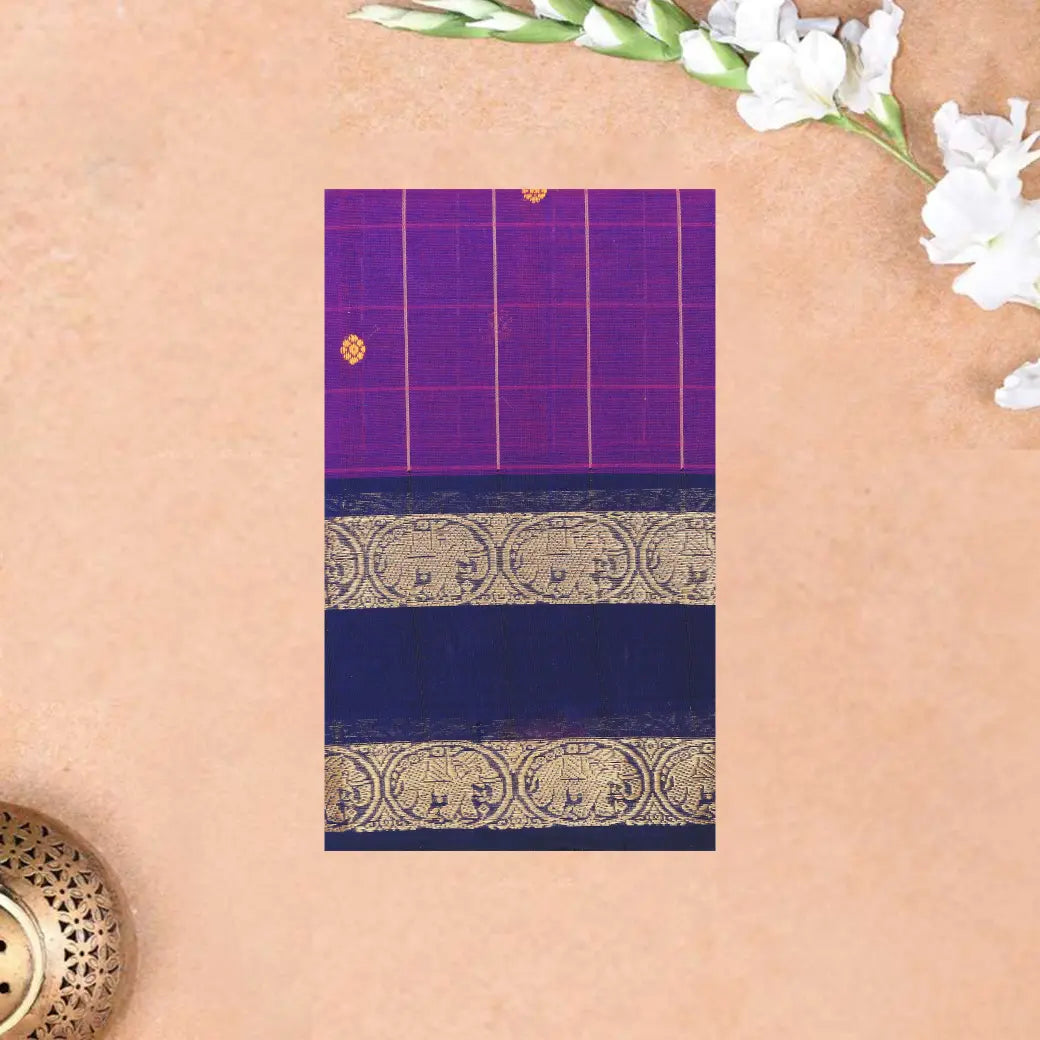 Purple with Navy Blue Striped Pattern Pure Chettinad Cotton Saree without Blouse