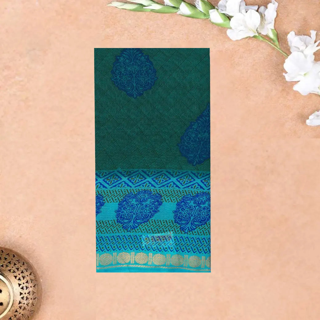 Teal Green with blue Mul Mul Cotton Saree without Blouse
