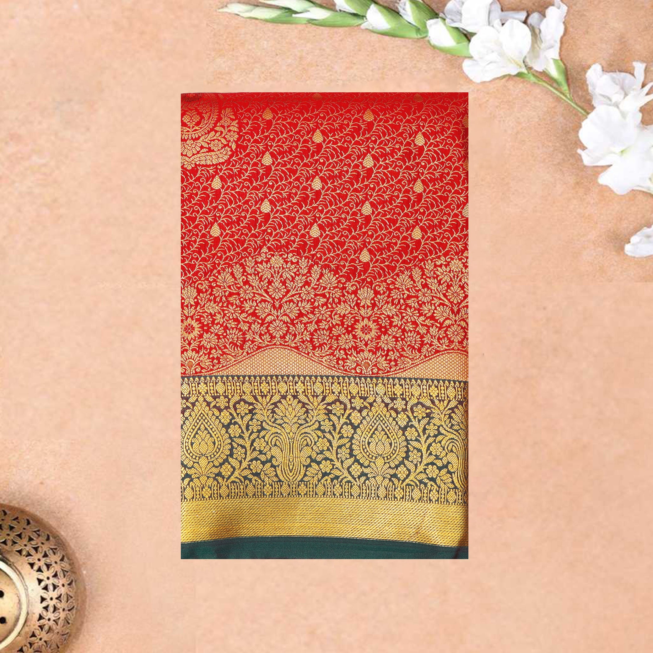 Dark Red and  Dark Green Art Silk Saree