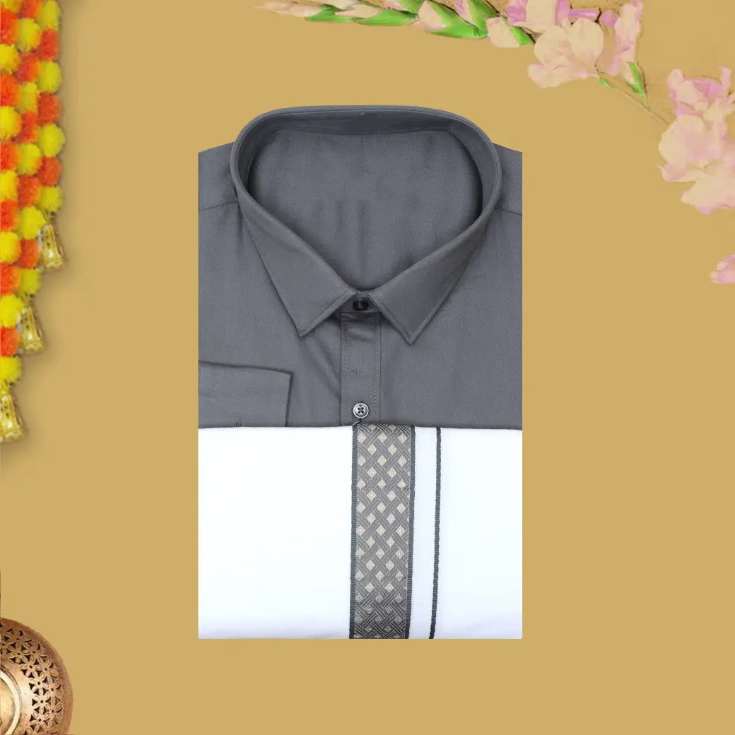 Grey With White Cotton Readymade Shirt and Singel Matching Border Dhoti Set For Men