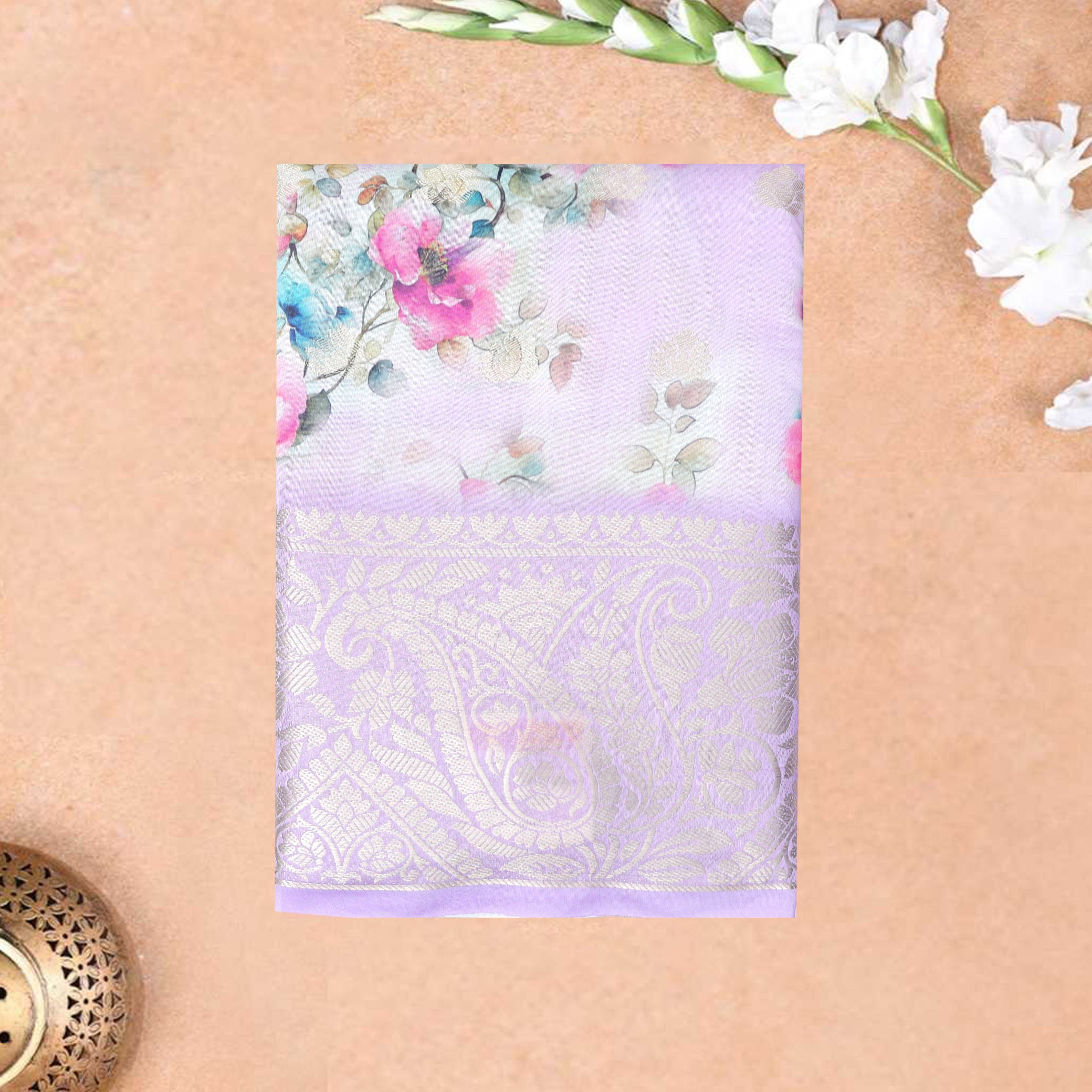 Light Purple With Pink Floral Design Dola Silk