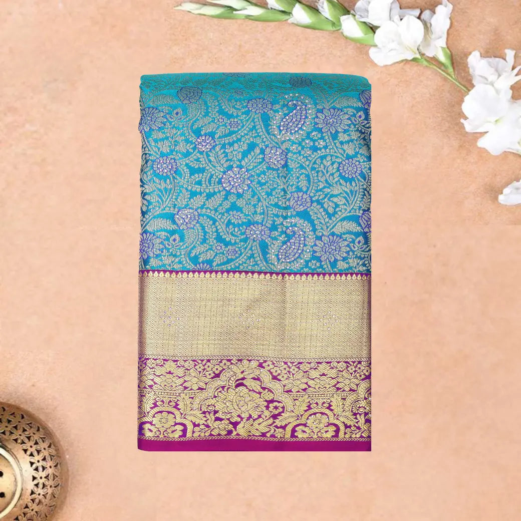 Blue  with Purple Gold Zari Border Wedding Silk Saree