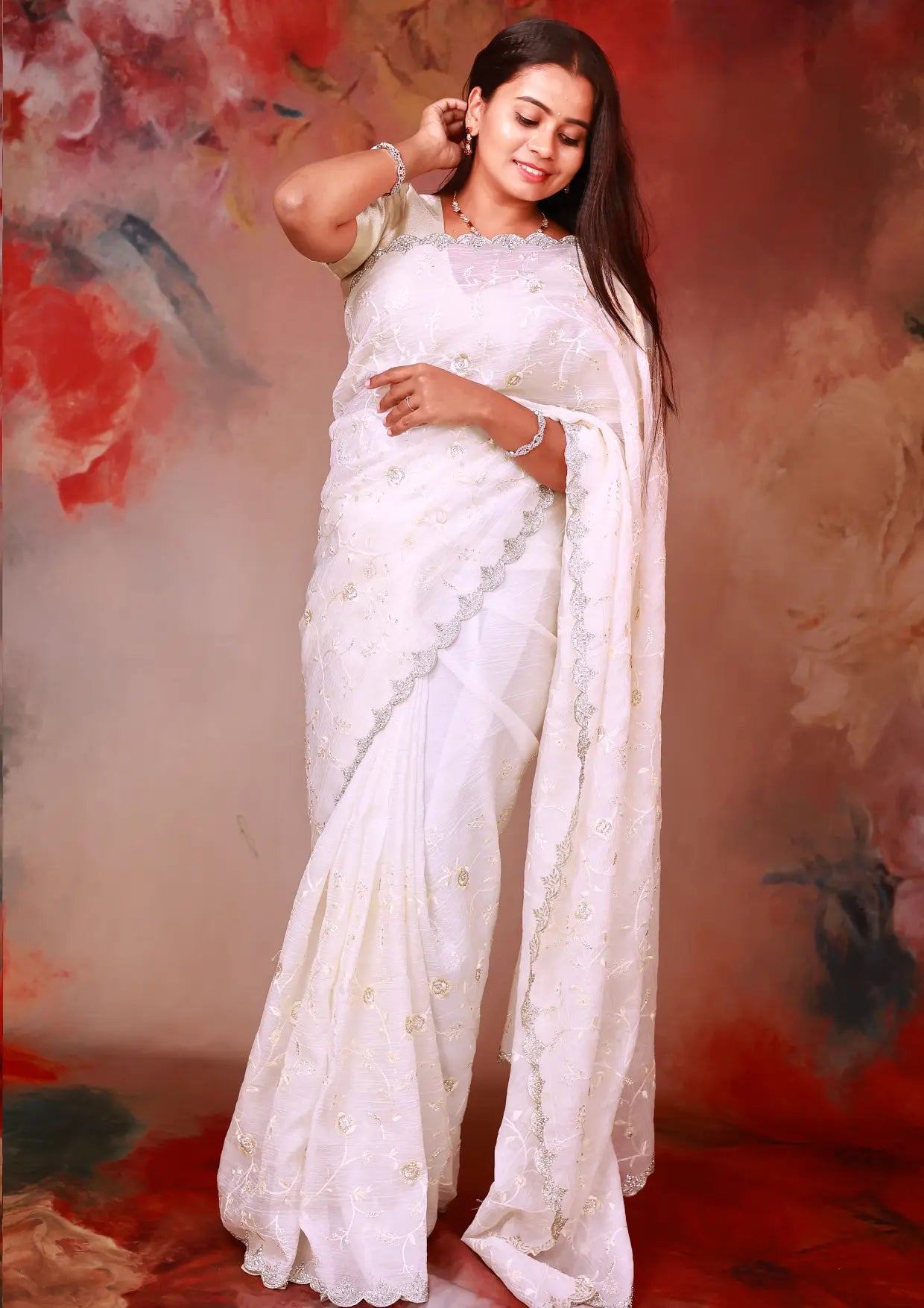 White Colour Laser Work Fancy Saree  