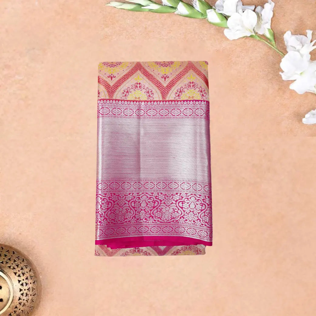 Cream,light yellow & gold with Pink pure Kanchipuram silk saree