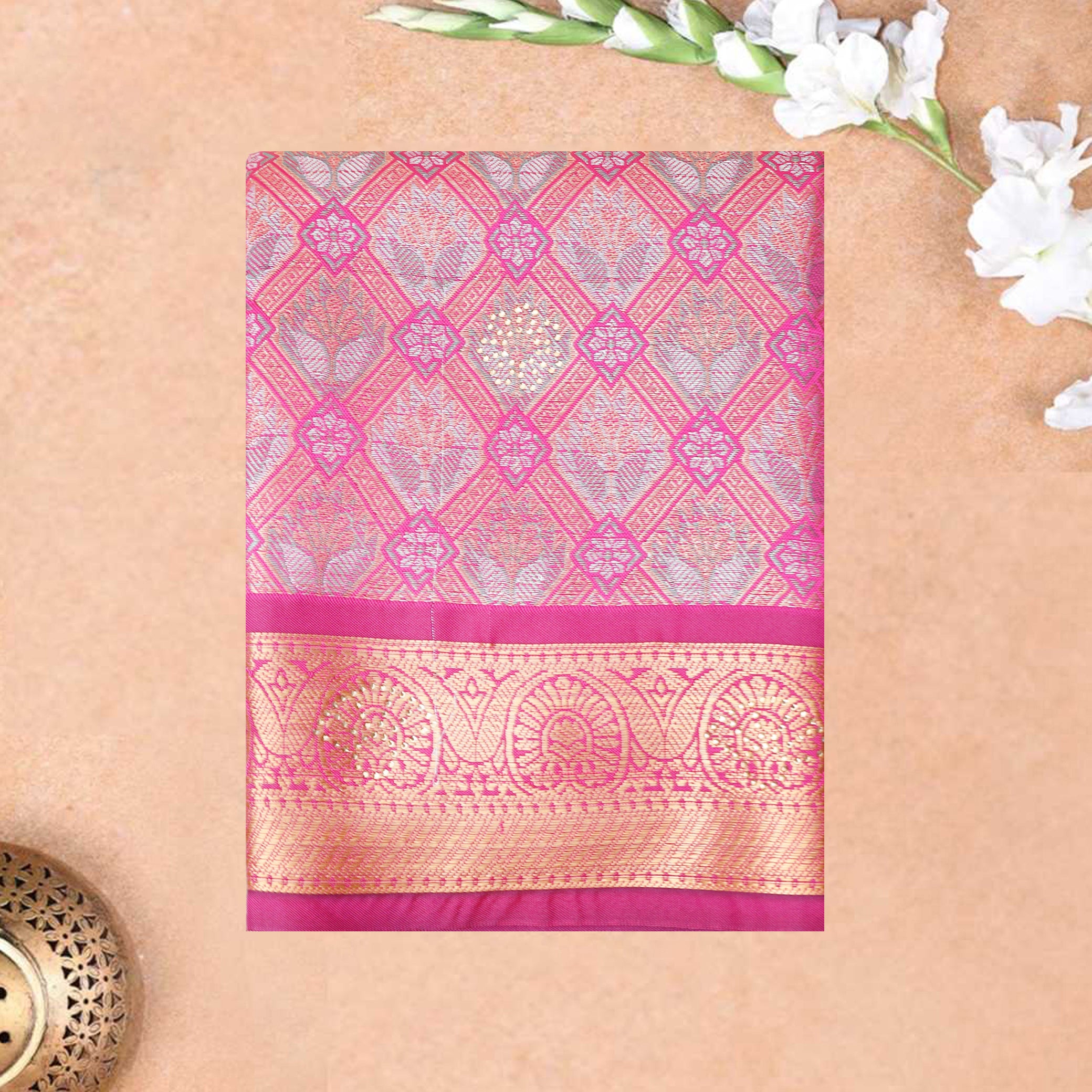 Pink and Golden Art Pattu Pavadai Material