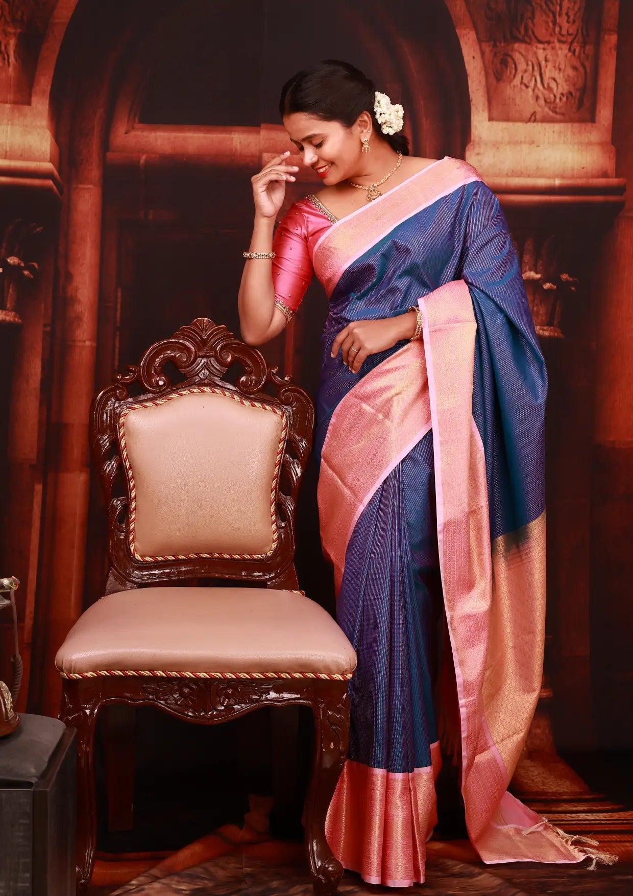 Navy Blue  With  Light Pink Copper Zari Border  Soft Silk Saree