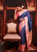 Navy Blue  With  Light Pink Copper Zari Border  Soft Silk Saree