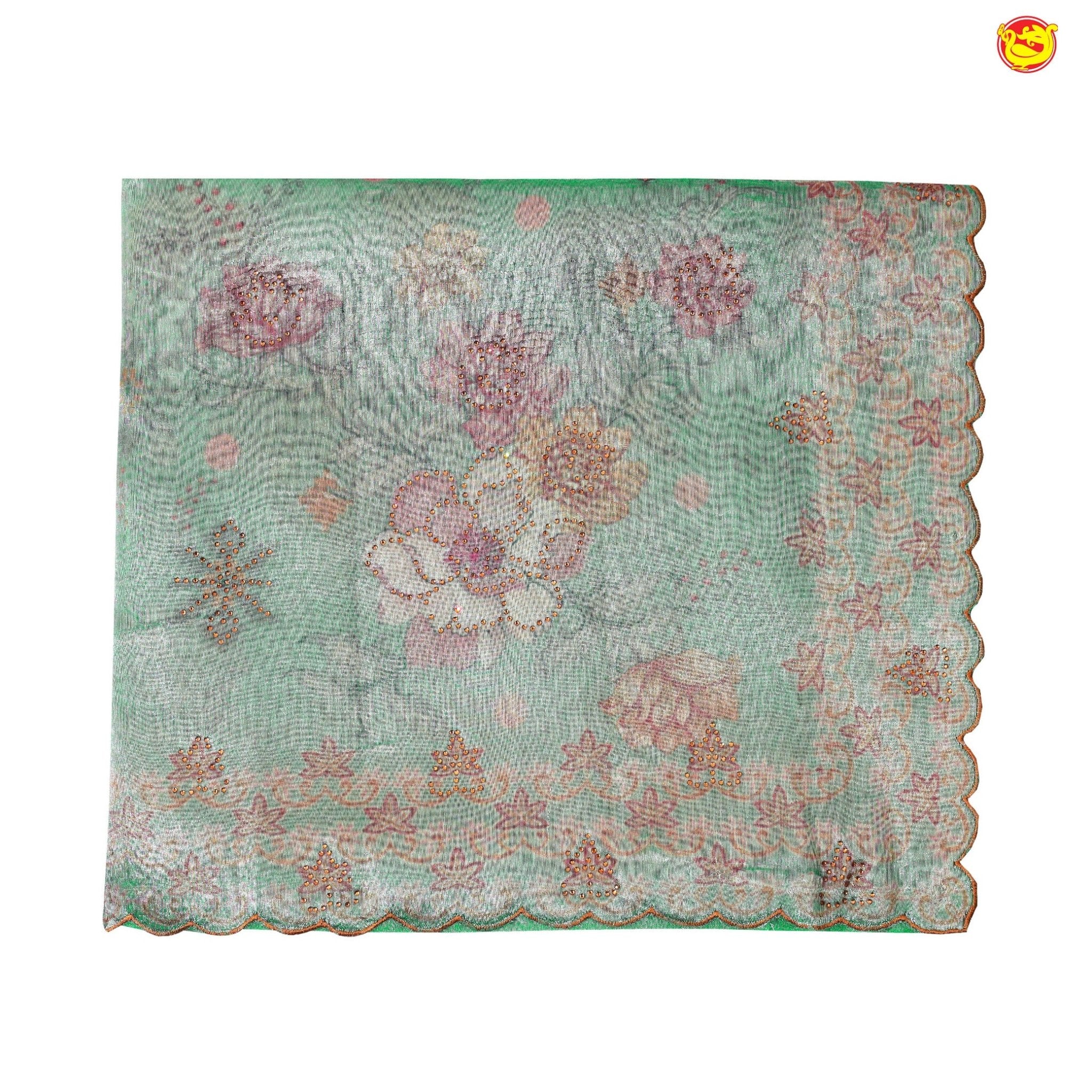 Mint Green with Cutwork and Stonework Border With Floral Digital Prints Tissue Crush saree