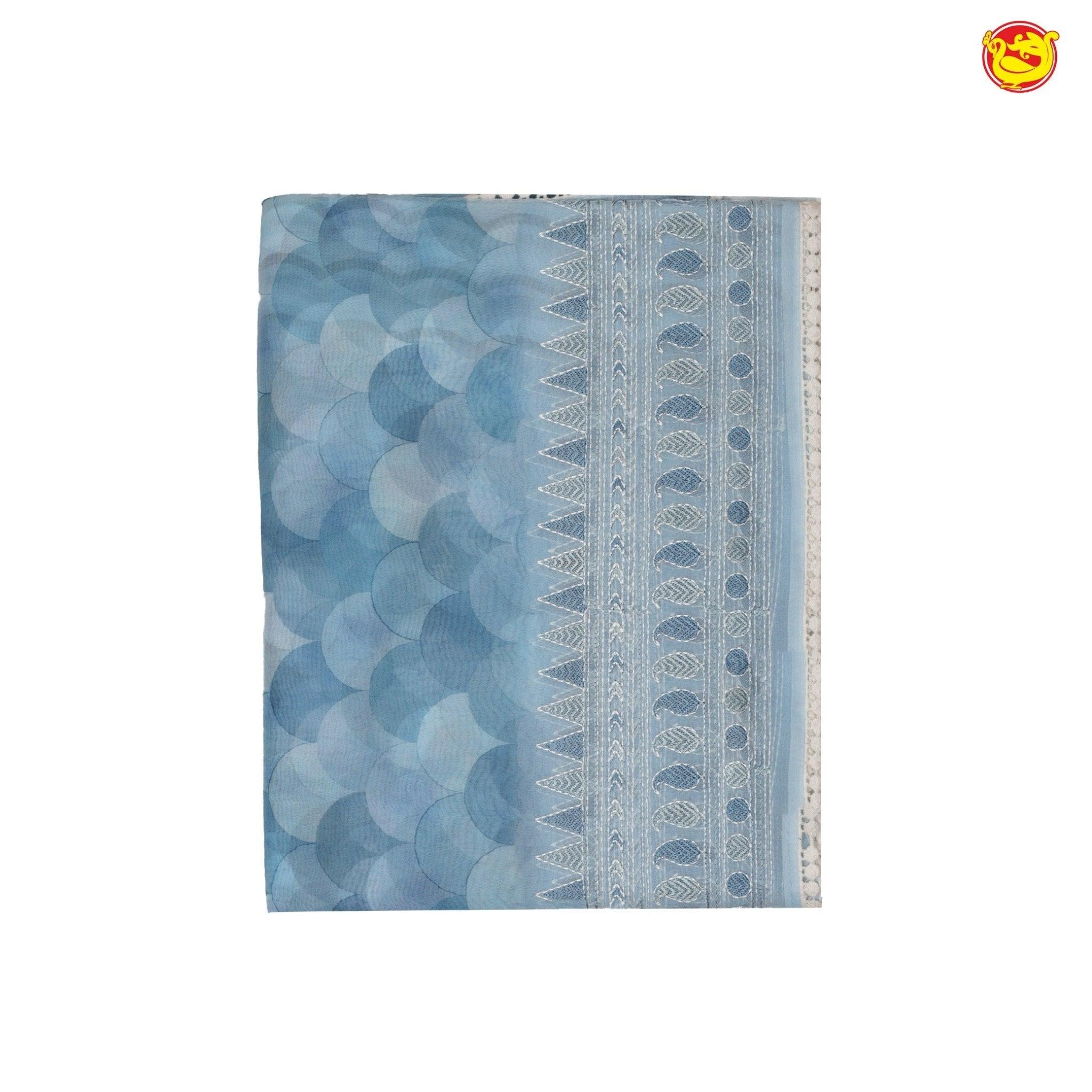 Light Blue With Grey Pure Organza Silk With Hand Embroidered Work Saree - Thenianantham