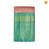 Pink With Peacock Blue Floral Motifs Gold Zari Long Border Pure Kanjivaram Subhalaya Wedding Silk Saree - Thenianantham