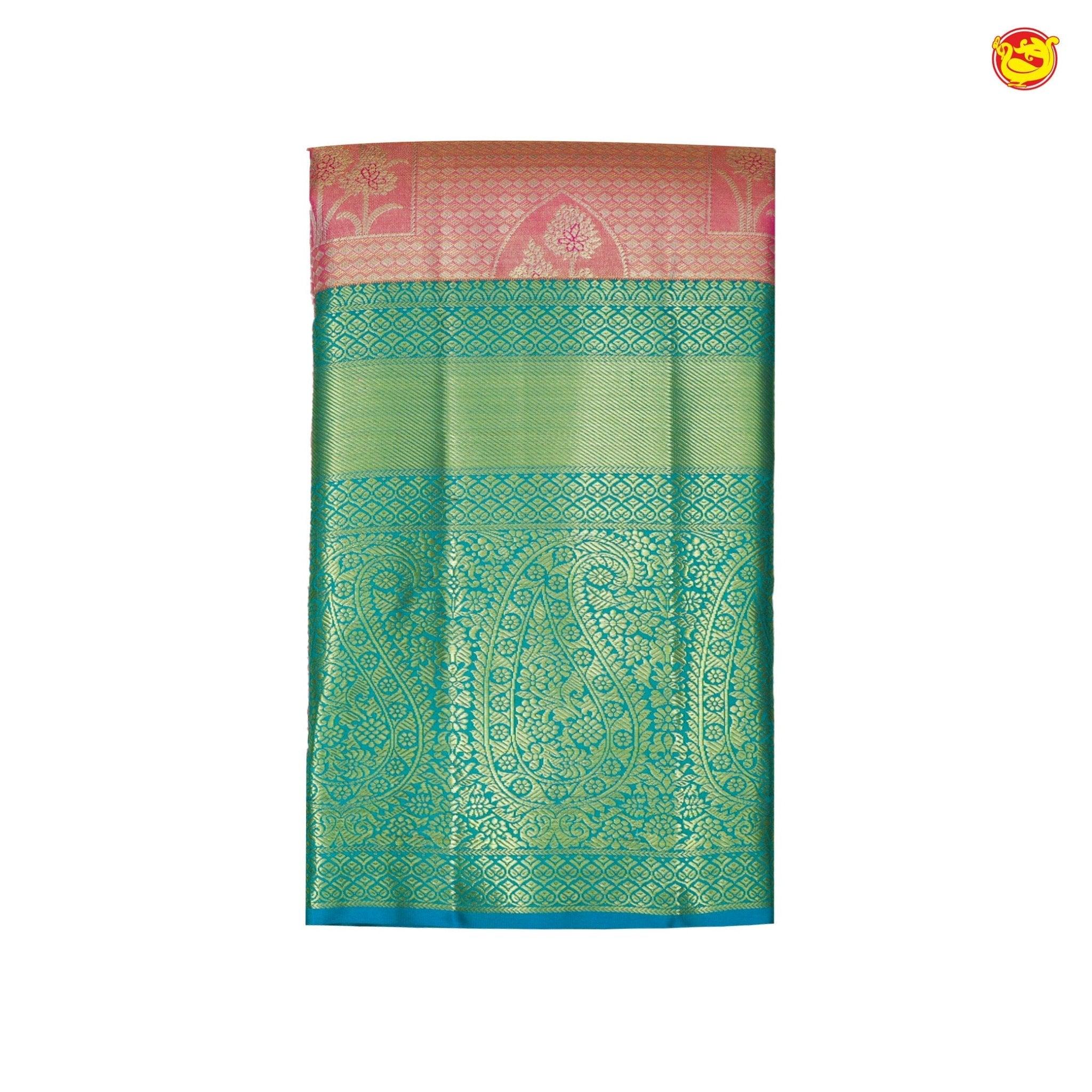 Pink With Peacock Blue Floral Motifs Gold Zari Long Border Pure Kanjivaram Subhalaya Wedding Silk Saree