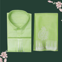 Couple Combo Tissue Silk Set – Men’s Shirt & Dhoti with Matching Women’s Saree With Pista Green With Silver Zari Border