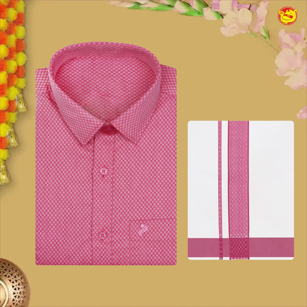 Dark Pink White Dhoti Readymade Small Checked Shirt And Matching Border Dhoti Set for Men