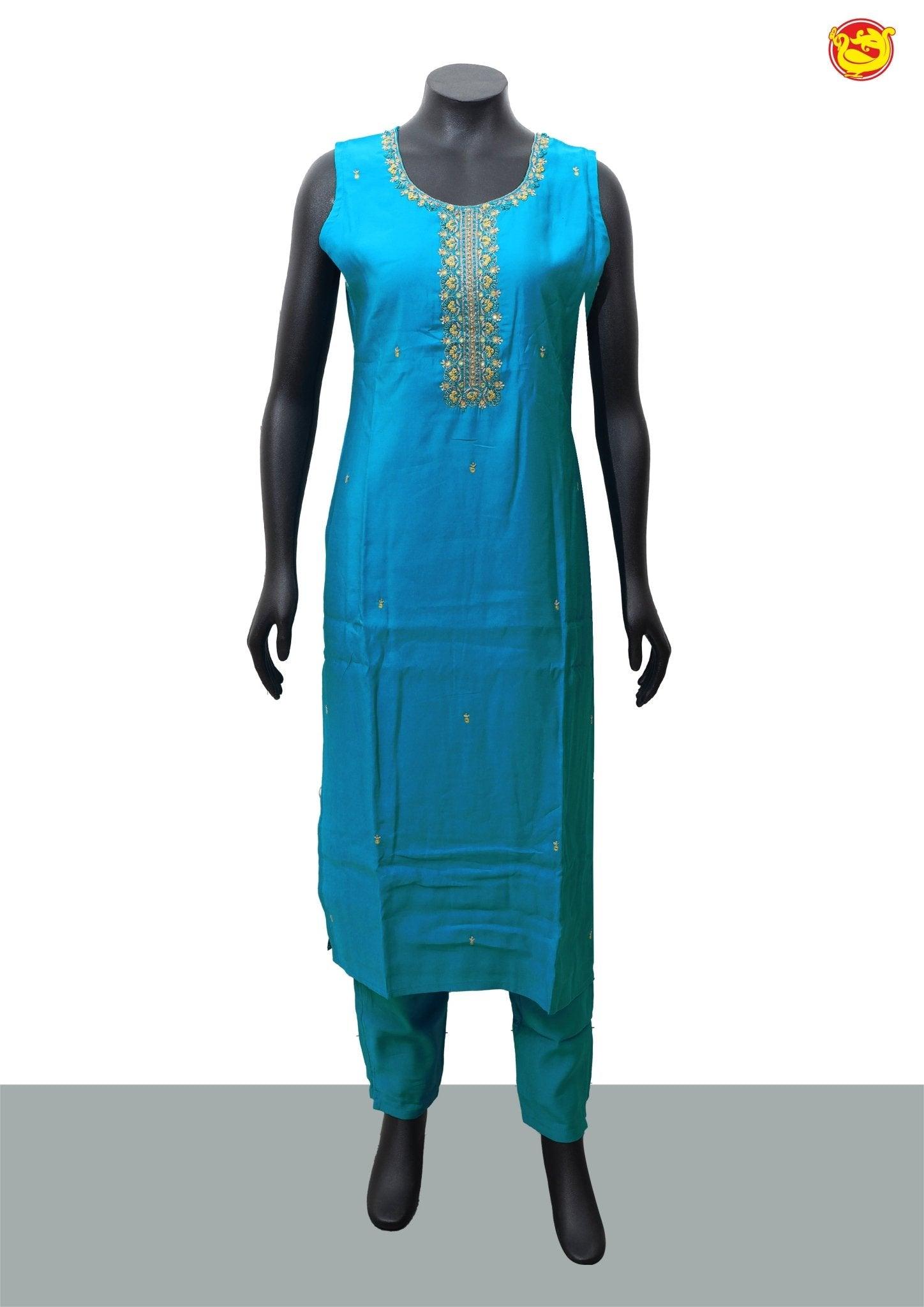 Dark Sky Blue With Sneha Green Cotton Silk Blend Straight Embroidery Kurta Pant and Dupatta Set