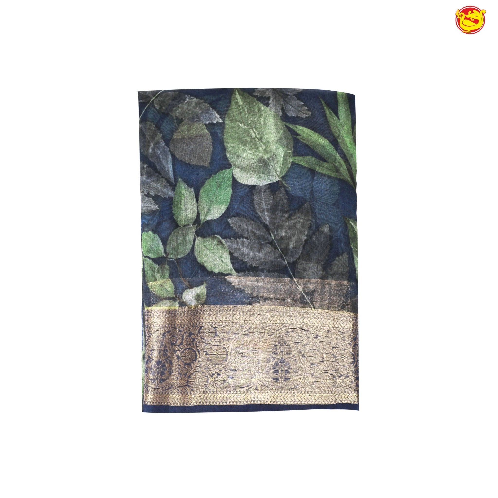 Navy Blue Pure Organza Silk With Gold Zari Border Digital Print Saree