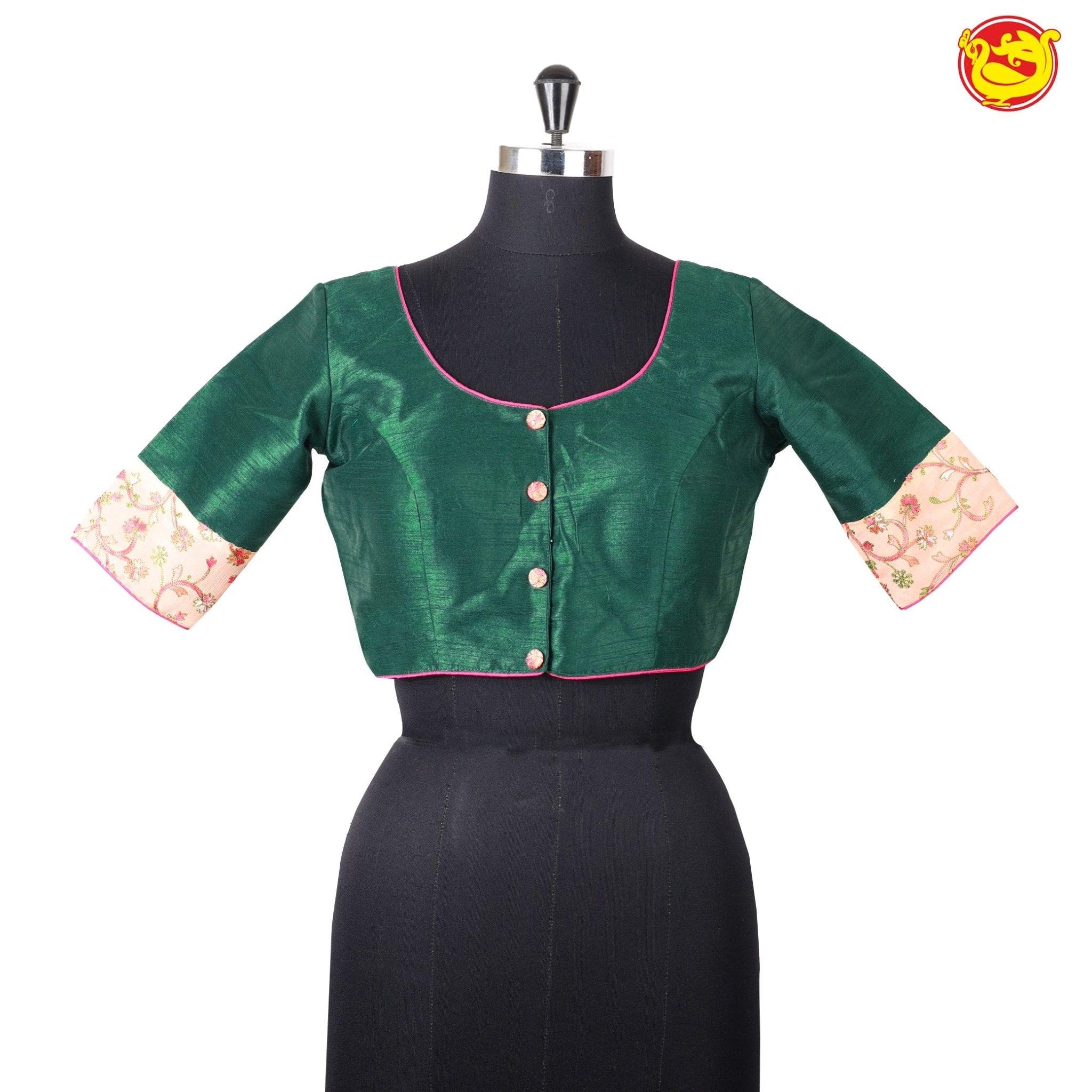 Bottle Green With Sandal Floral Embroidery Work Pure Cotton Ready made Blouse - Thenianantham