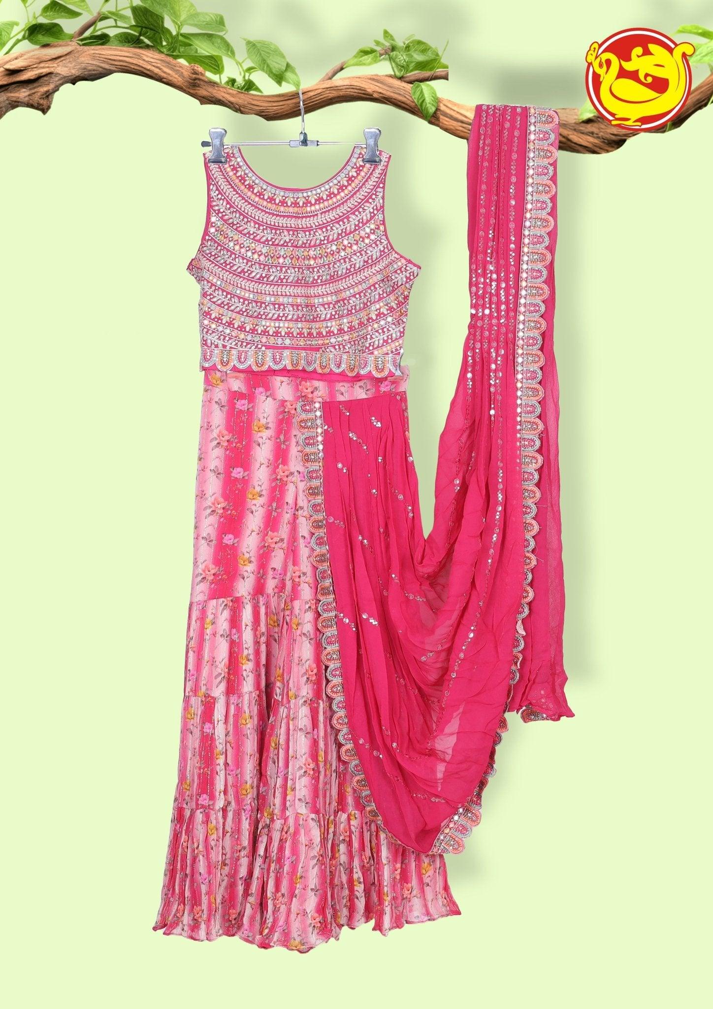 Pink With Sequence Work Crop Top Sharara Saree