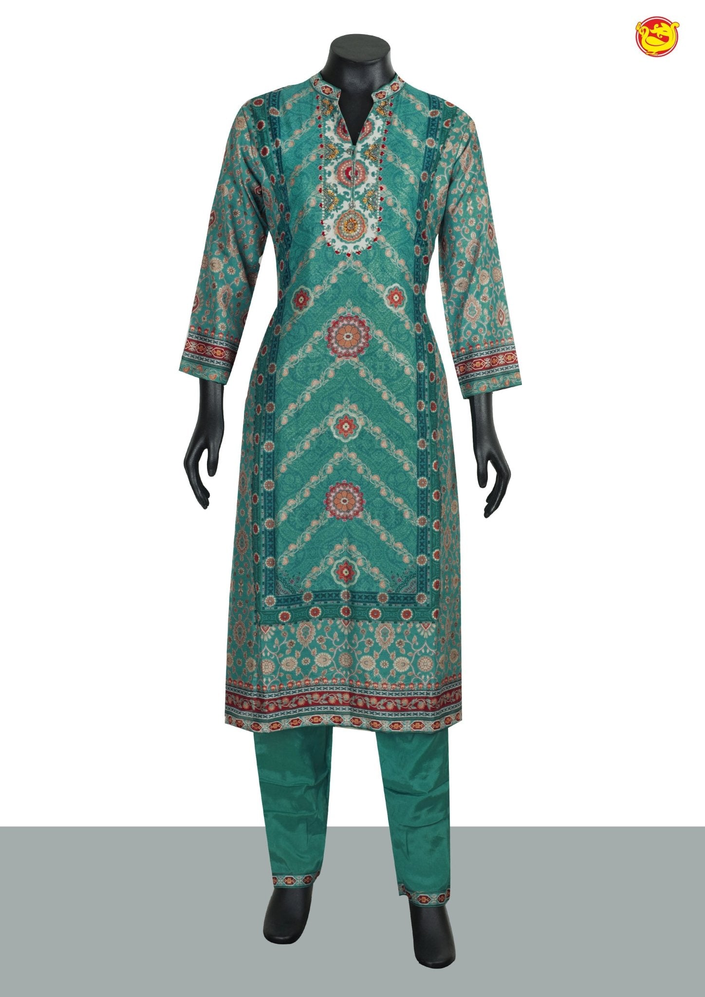 Peacock Green With Floral Digital Print and Handwork Design and Collar Neck Ladies Branded Readymade Straight Cut Chudi Set