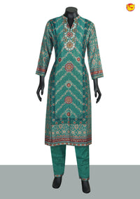 Peacock Green With Floral Digital Print and Handwork Design and Collar Neck Ladies Branded Readymade Straight Cut Chudi Set - Thenianantham