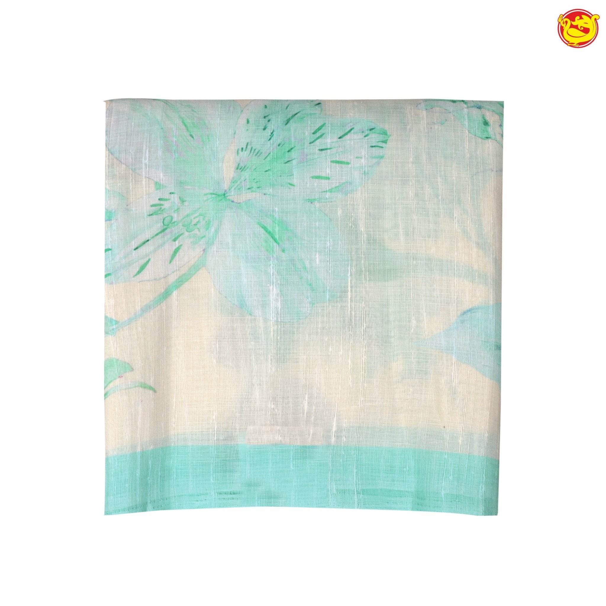 Sea Blue With Half White Floral Digital Print Linen Cotton Saree