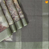 Olive Green With Floral Design Zari Border Digital Print Semi Linen Saree - Thenianantham