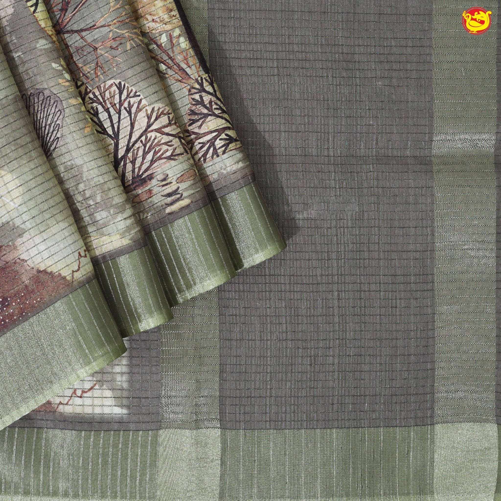 Olive Green With Floral Design Zari Border Digital Print Semi Linen Saree