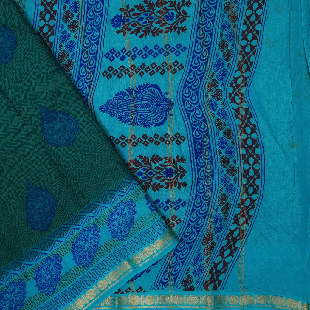 Teal Green with blue Mul Mul Cotton Saree without Blouse