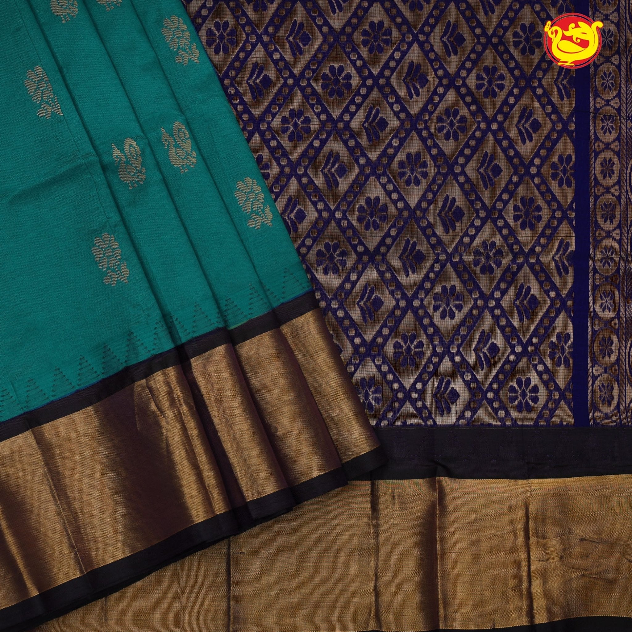 Peacock blue with midnight blue pure silk cotton saree - Thenianantham