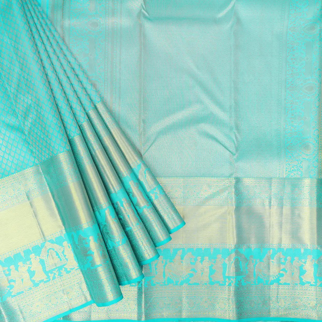 Turquoise Blue with Gold Zeri Subalaya Wedding Silk Saree
