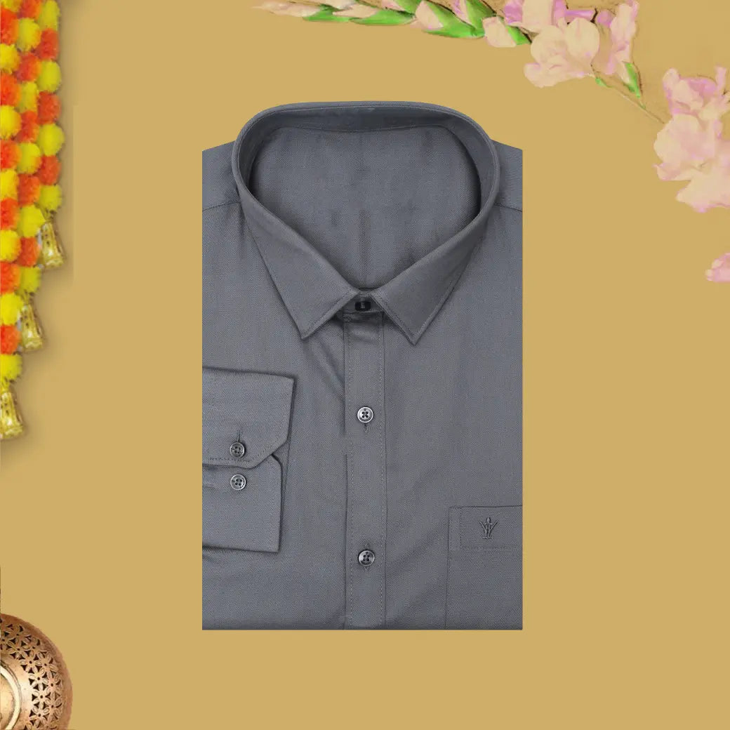 Grey With White Cotton Readymade Shirt and Singel Matching Border Dhoti Set For Men