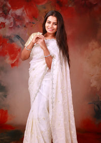 White Colour Laser Work Fancy Saree  