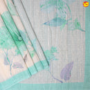 Sea Blue With Half White Floral Digital Print Linen Cotton Saree - Thenianantham