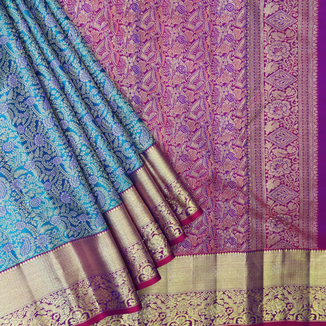 Blue  with Purple Gold Zari Border Wedding Silk Saree