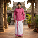 Dark Pink White Dhoti Readymade Small Checked Shirt And Matching Border Dhoti Set for Men