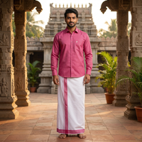 Dark Pink White Dhoti Readymade Small Checked Shirt And Matching Border Dhoti Set for Men