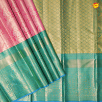 Pink With Peacock Blue Floral Motifs Gold Zari Long Border Pure Kanjivaram Subhalaya Wedding Silk Saree - Thenianantham