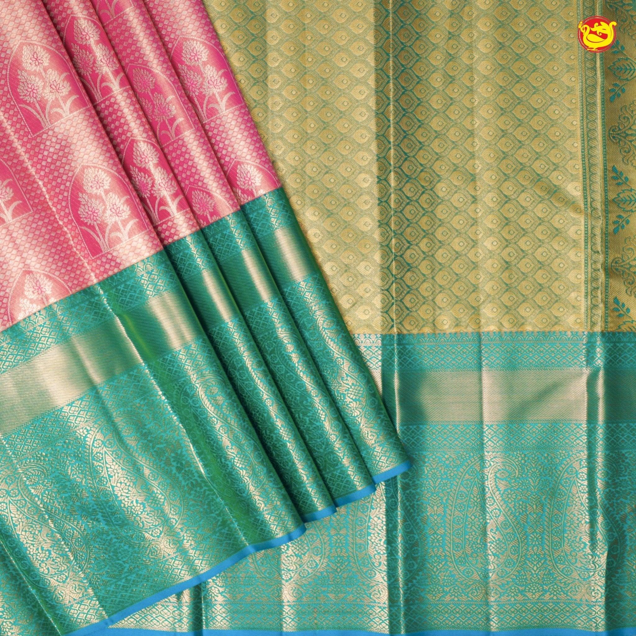 Pink With Peacock Blue Floral Motifs Gold Zari Long Border Pure Kanjivaram Subhalaya Wedding Silk Saree