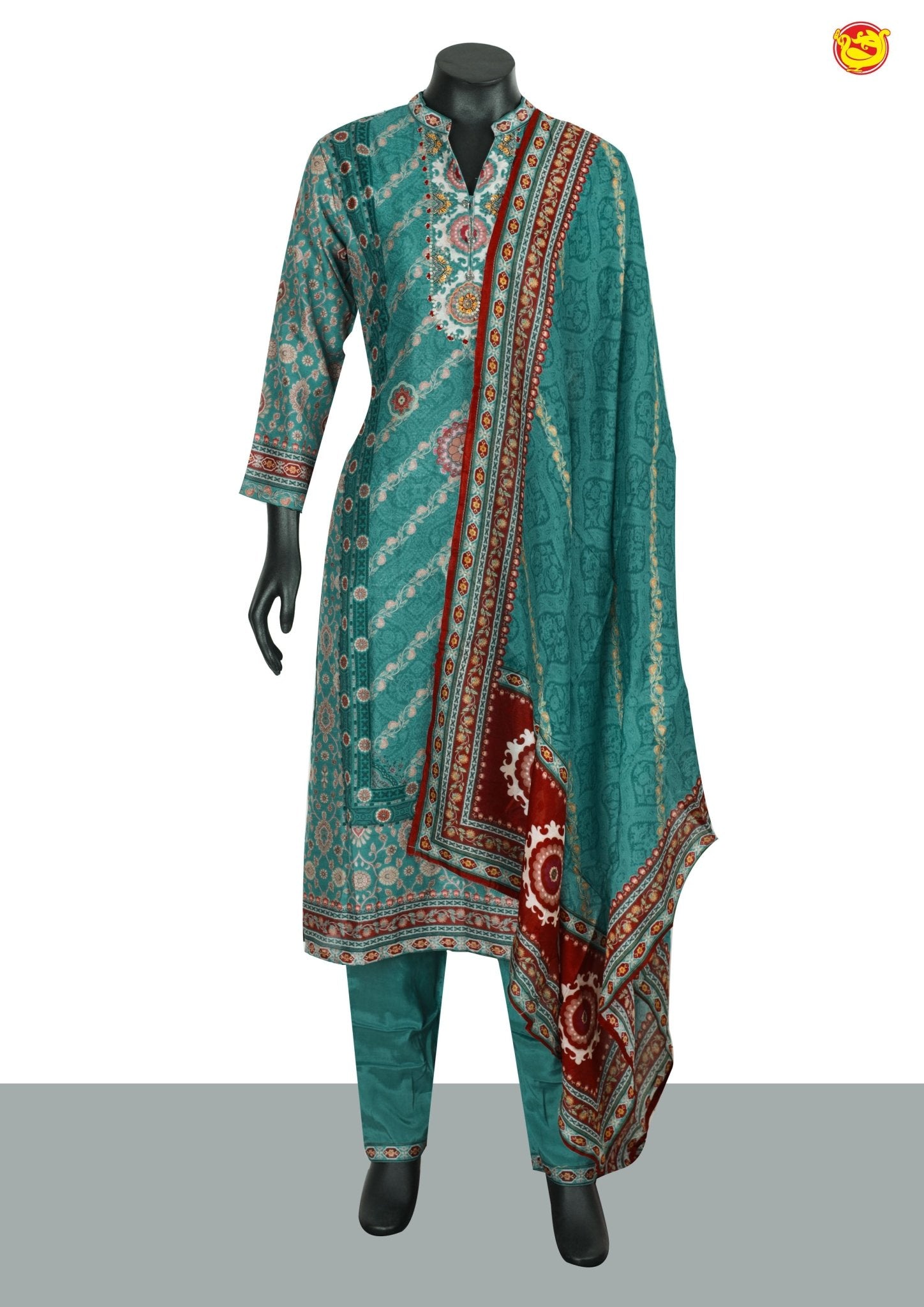 Peacock Green With Floral Digital Print and Handwork Design and Collar Neck Ladies Branded Readymade Straight Cut Chudi Set