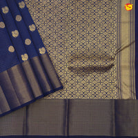 Navy Blue With Rani Pink Floral Buttas Motifs Gold Zari Striped Pure Kanjivaram Soft Silk Saree - Thenianantham