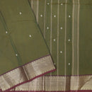 Dark Olive Green With Maroon And Turquoise Blue Border Pure Chettinad Cotton Saree with Blouse