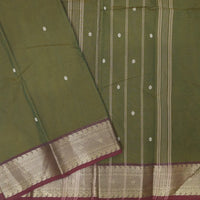 Dark Olive Green With Maroon And Turquoise Blue Border Pure Chettinad Cotton Saree with Blouse